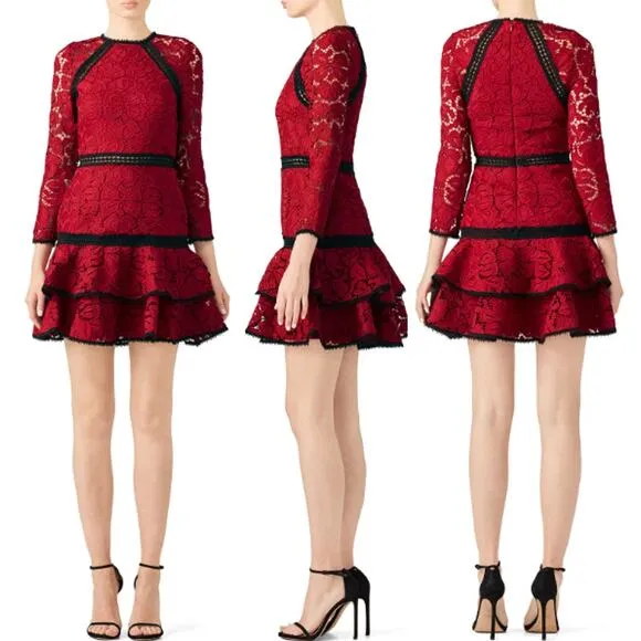 Alexis Kharis Crochet Floral Long Sleeve Lace Tiered Mini Dress Red Women Size M - Image 2