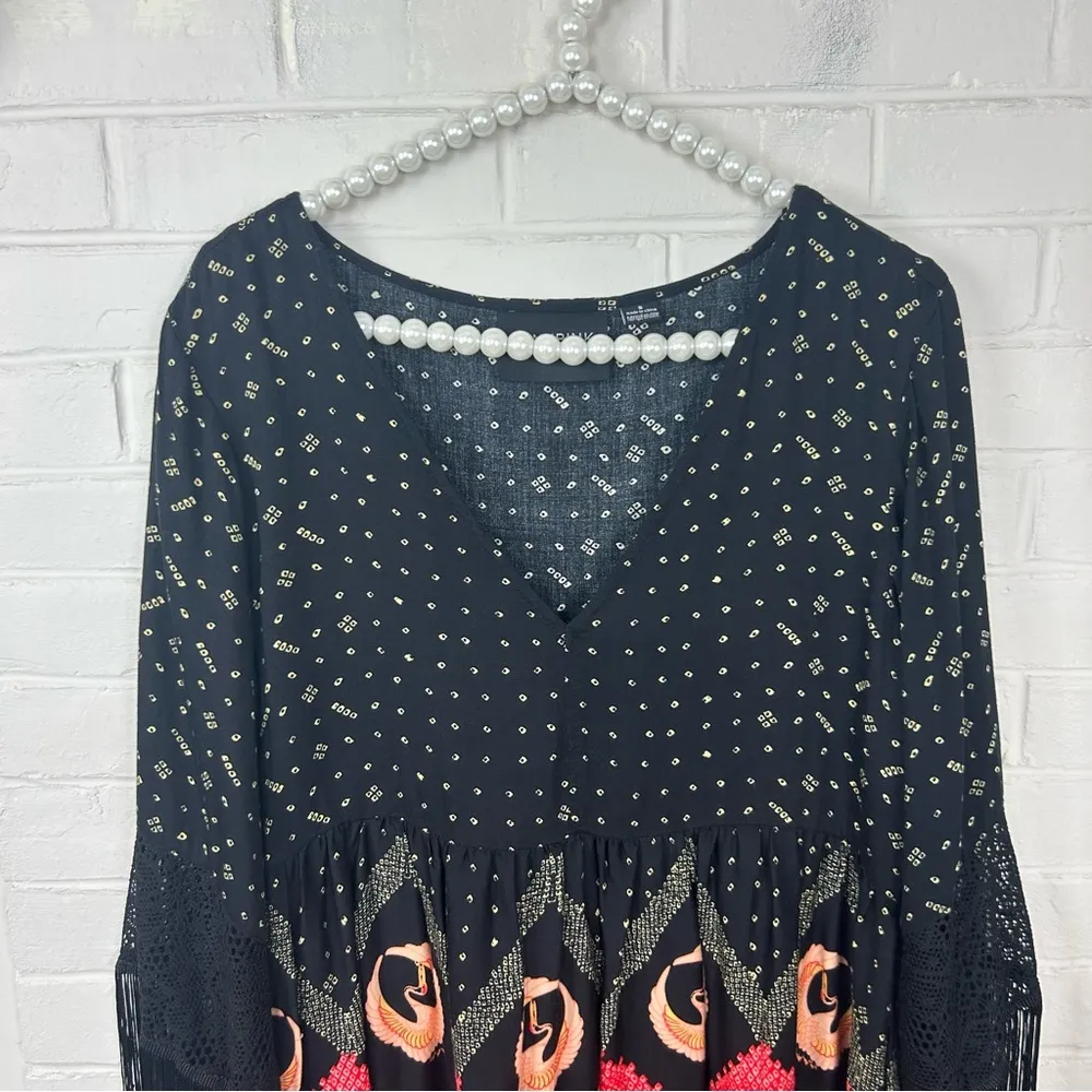 MINKPINK Dancing Crane Fringe Sleeve Boho Babydoll Dress Size S - Image 4
