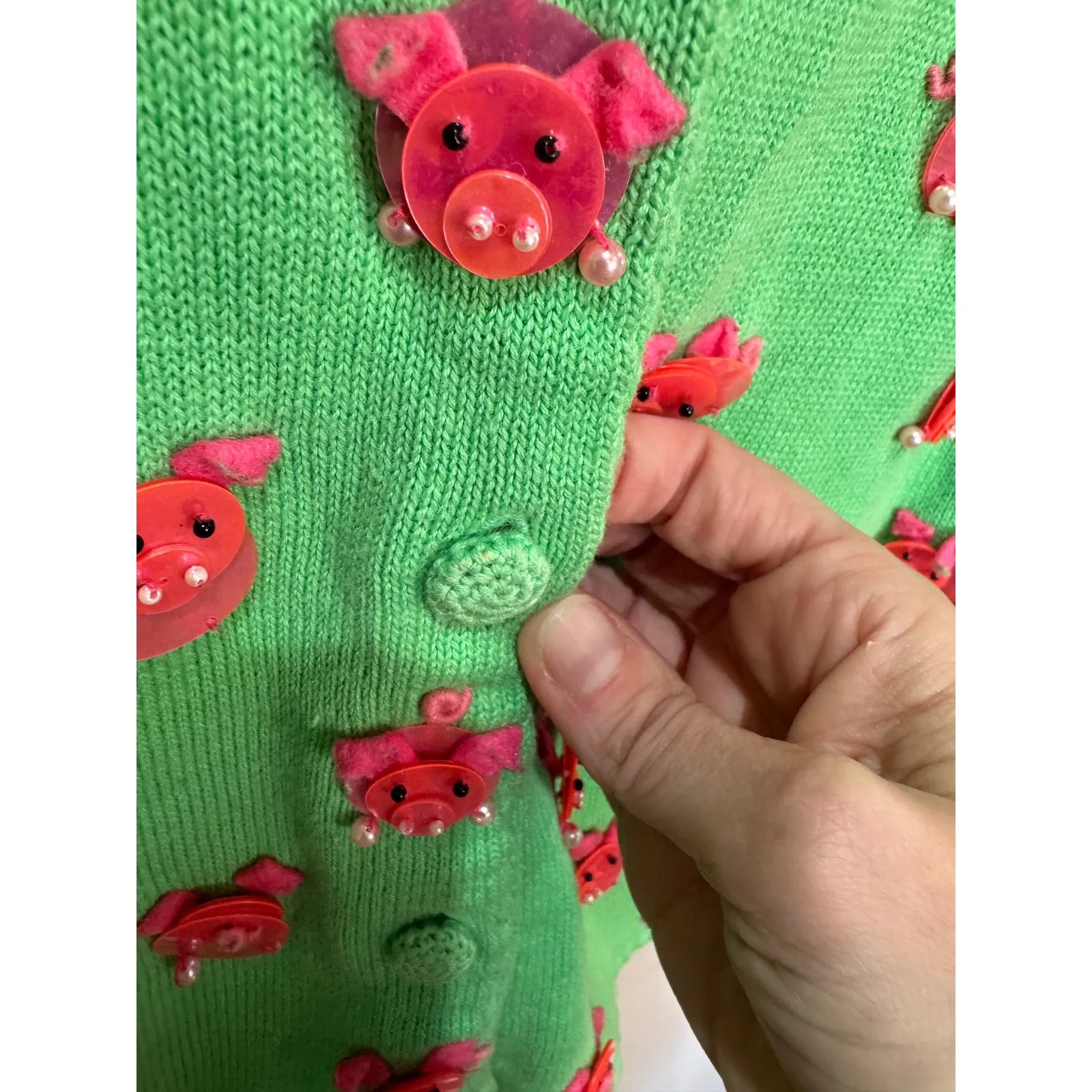 Michael Simon Pig Applique Green Cardigan Sz L Size L - Image 9