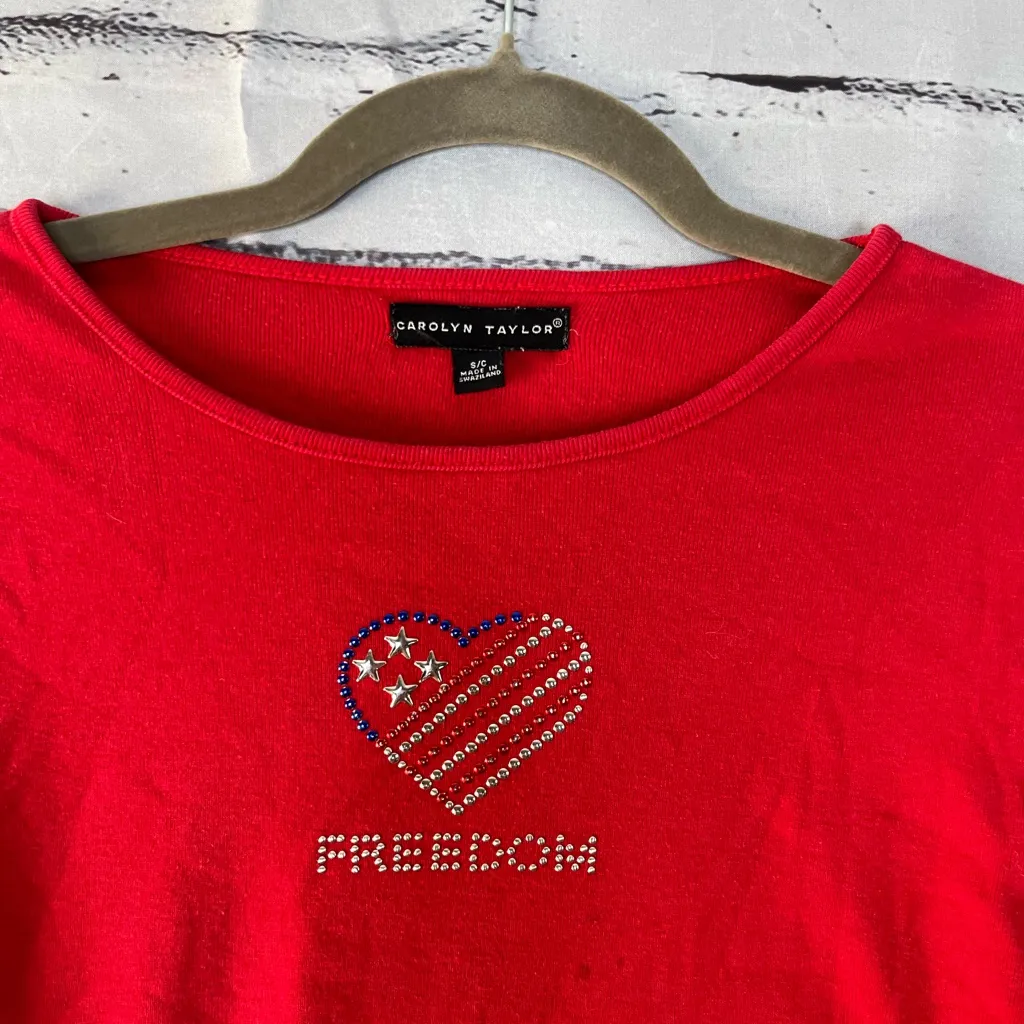 Carolyn Taylor Red Fitted Short Sleeve T-Shirt Freedom Heart Graphic Top SZ M - Image 6