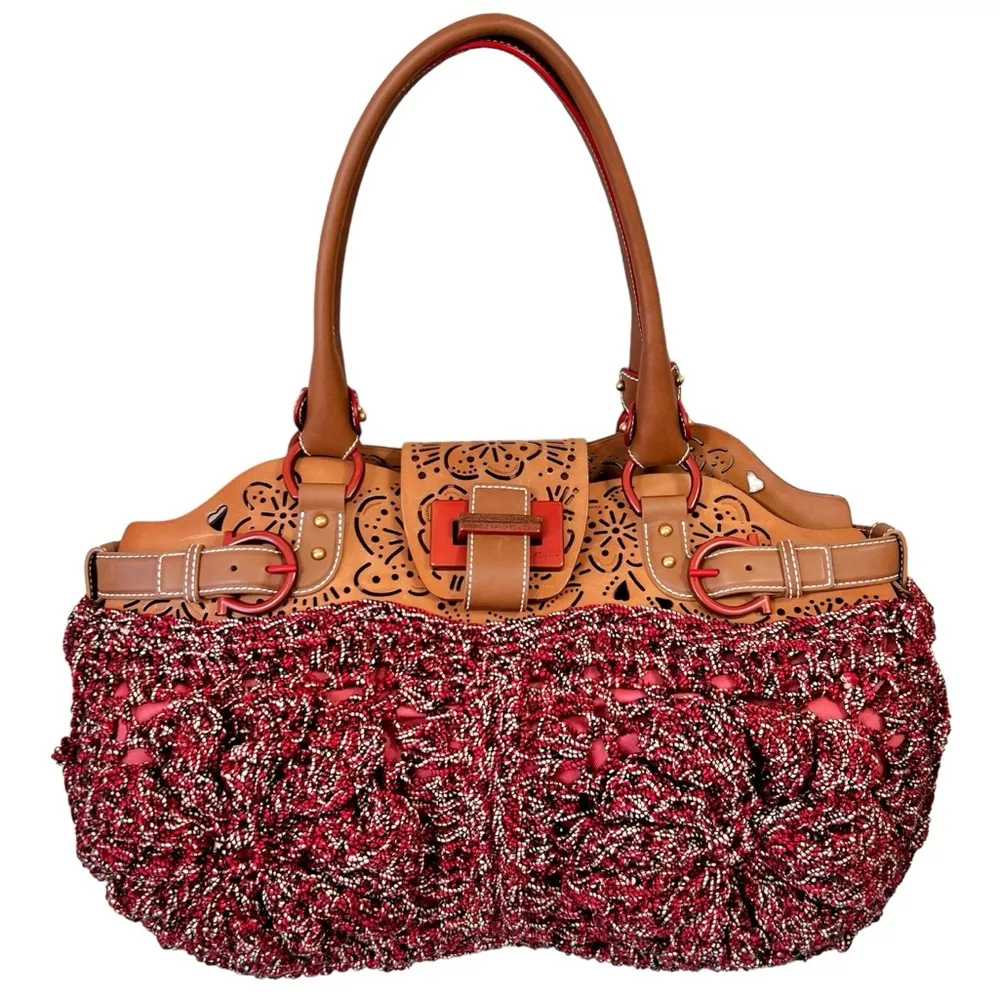 Salvatore Ferragamo Laser-Cut Leather and Crochet Bag in Original Wine - Image 16