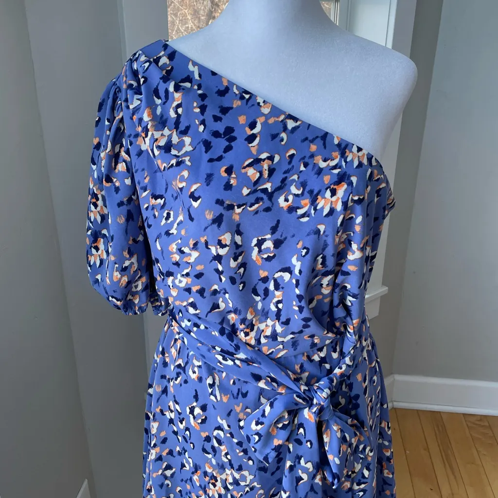 Nine West Purple Leopard Print One Shoulder Belted Dress Size Large - Image 15