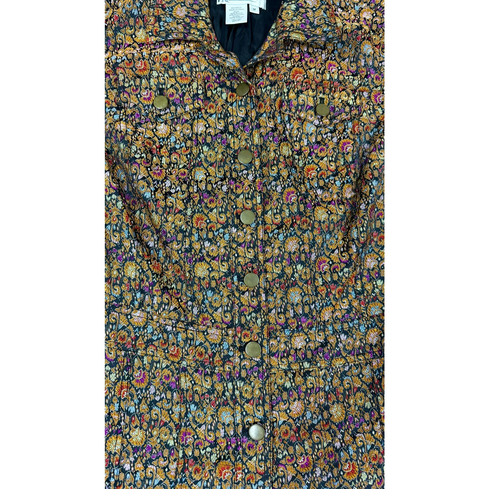 Women's Coldwater Creek Metallic Brocade Floral LS M Button Blazer Jacket - Image 2