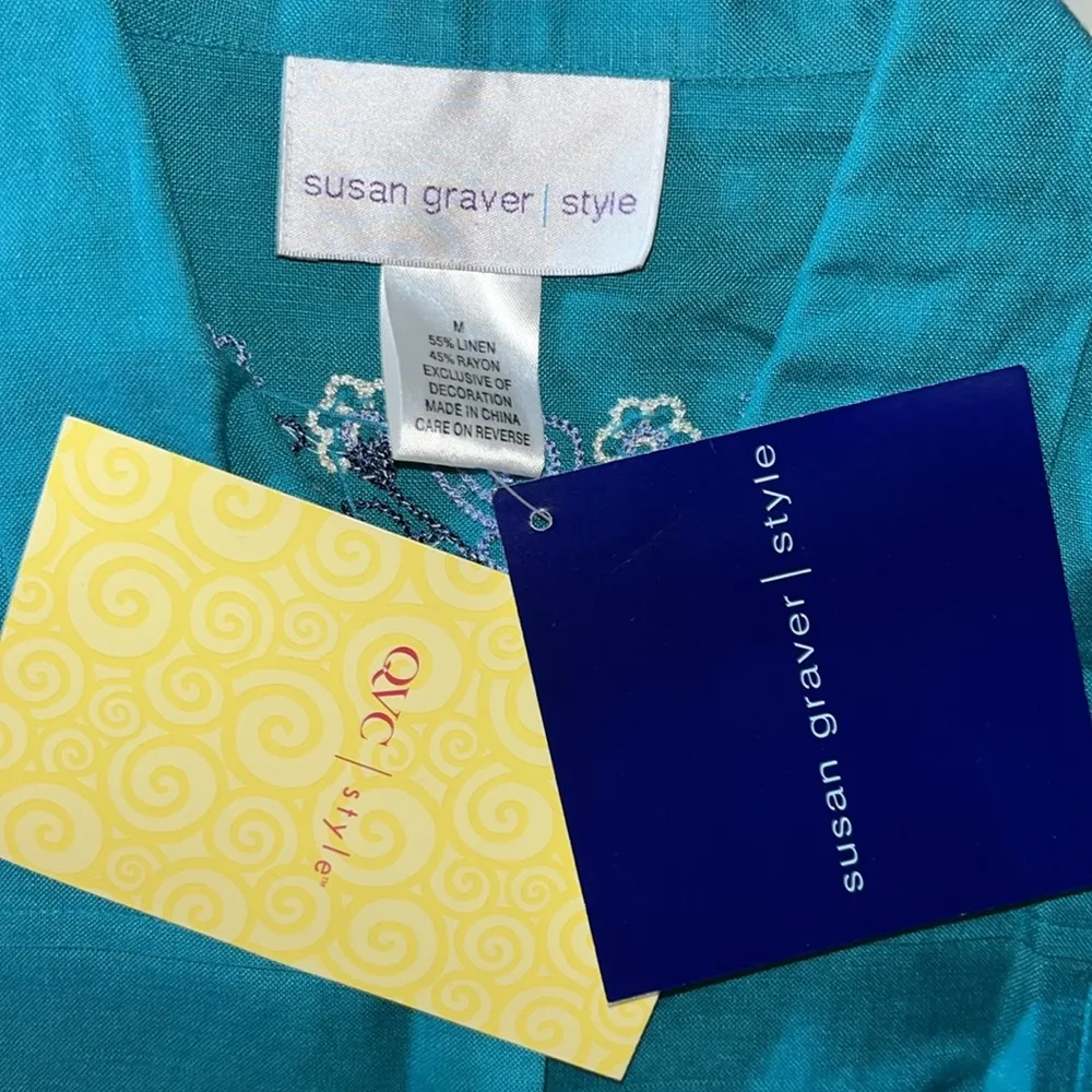 Susan Graver NWT Size M Blue Embroidered Linen/Rayon Blend Button Down Shirt Top - Image 5