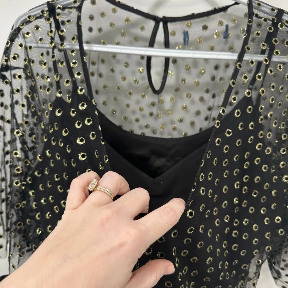 Modcloth Shimmer Swish Midi Dress Large Black Gold Sparkly Sheer‎ Short Sleeve - Image 4