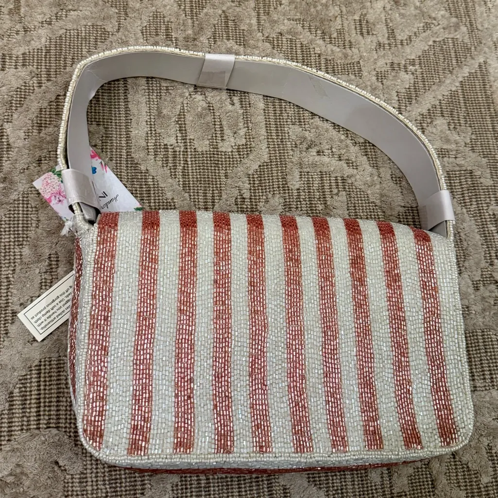 NWT Starfish Pink White Stripes Striped Beaded Bag Made in India Brand New - Image 2