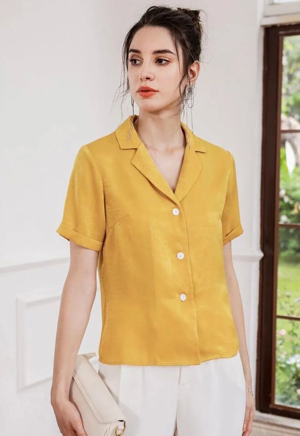 NEW Sz S Gorgeous Rich Satin Gold Blouse Button-Down - Image 2