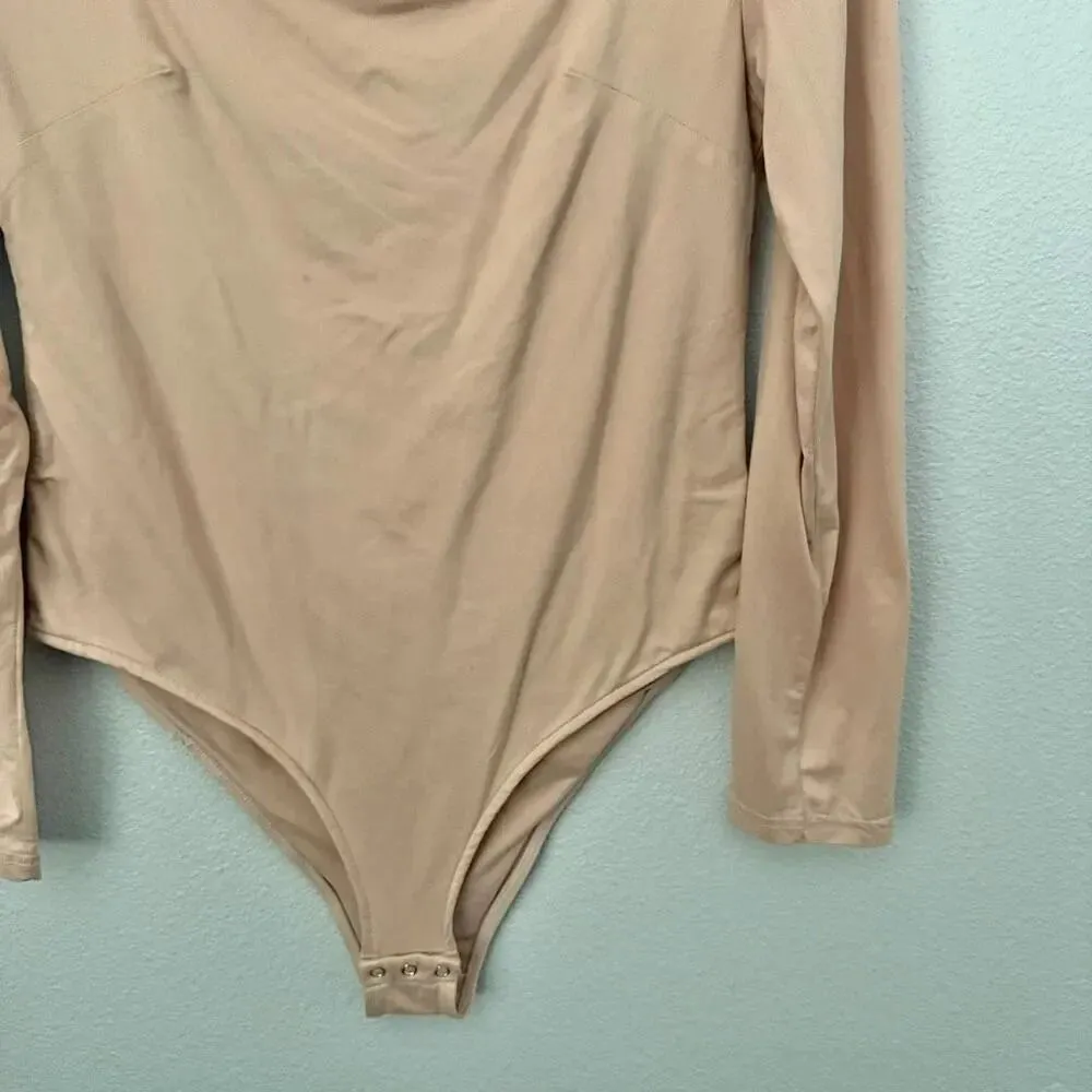 PEORIA | Dark Nude Peach Square Neck Long Sleeve Bodysuit Snap Closure | Size XL Tan - Image 6