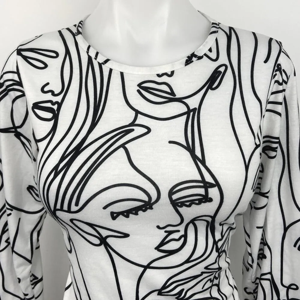 PrettyLittleThing White Abstract Face Print Crew Long Sleeve Bodysuit Top Sz 10 - Image 3