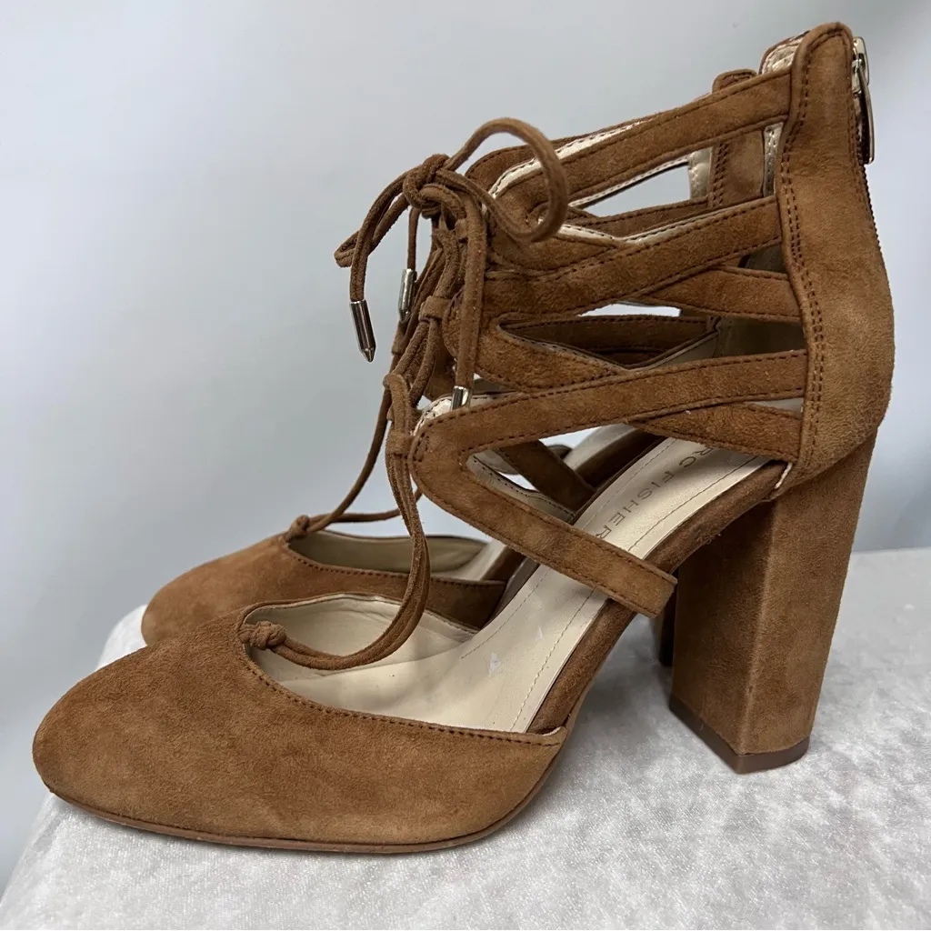 Marc Fisher tan Brown Suede leather Lace-Up Heels 8M round toe pumps - Image 6