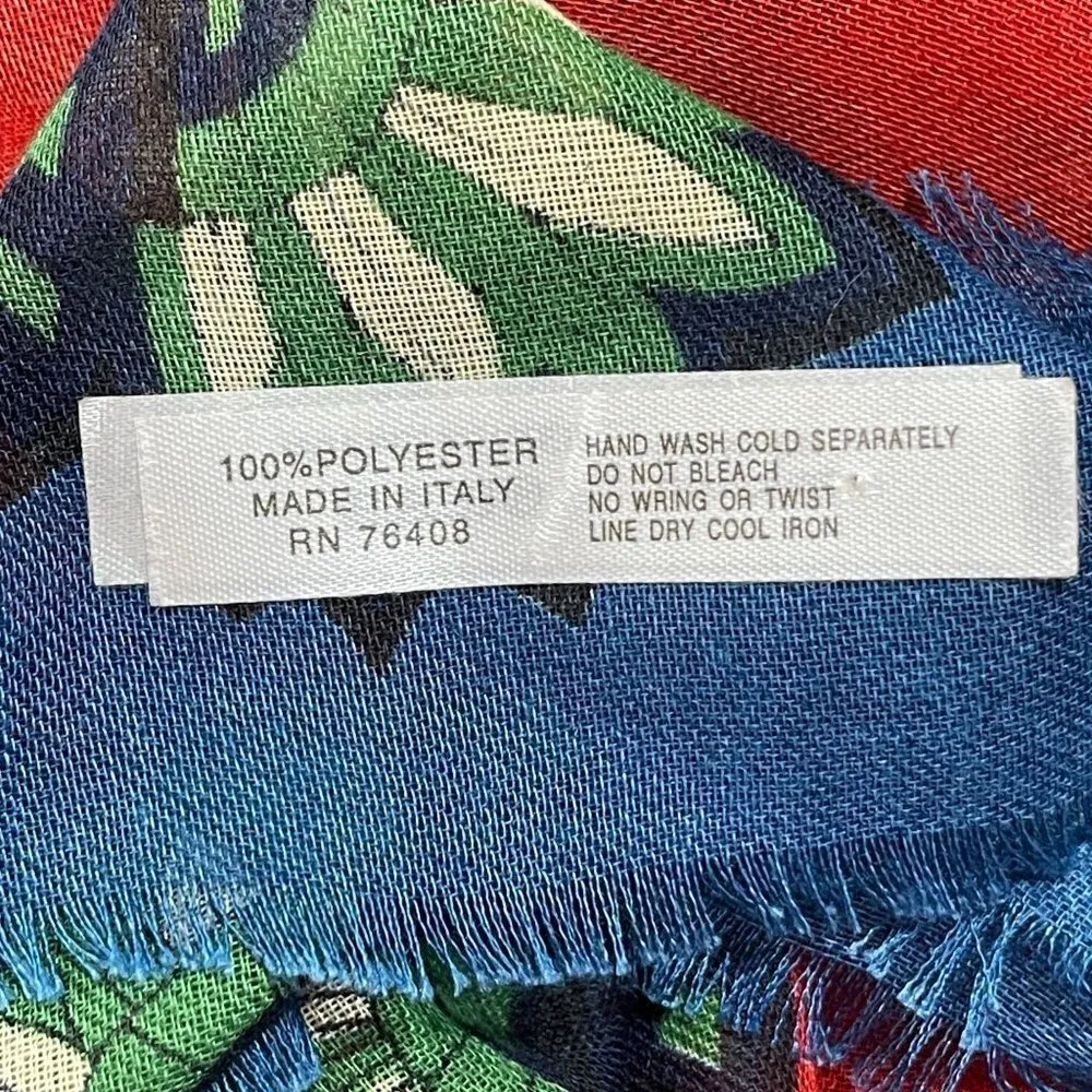 Women's Italian Scarf Kaleidoscope Floral Large Blue Red Green Fringe 52 X 54 - Image 3