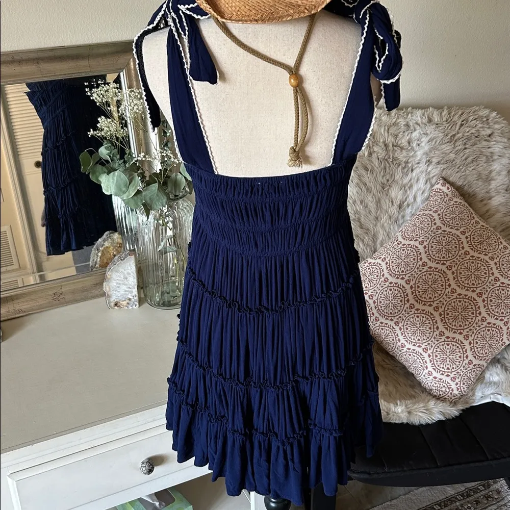 Chelsea &Violet, navy blue boho tiered, ruffle mini bow Tie strap dress M L​ - Image 7