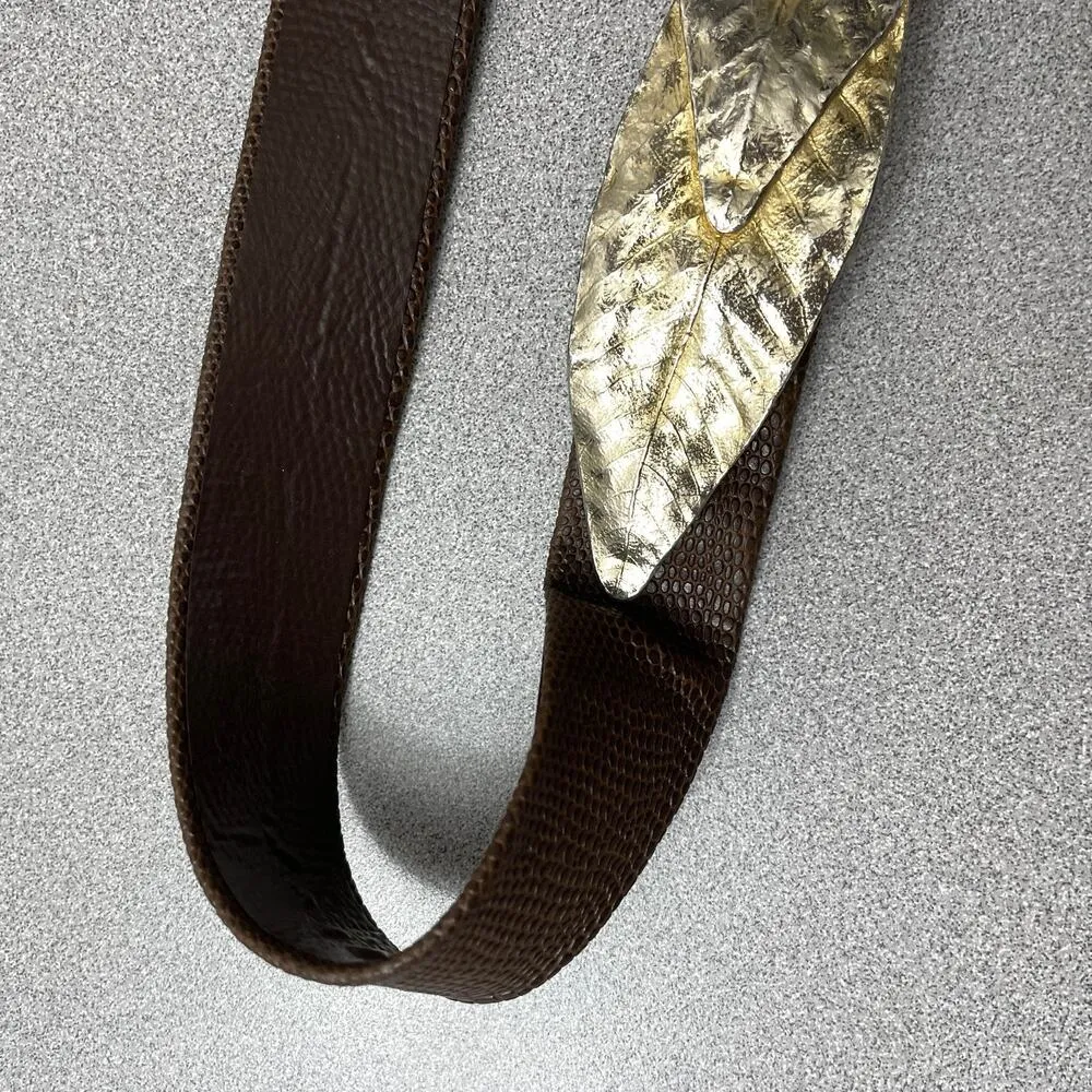 Mimi Di N Goldtone Leaf Buckle Snake Leather Belt Brown Womens Fits 30” Clasp - Image 9