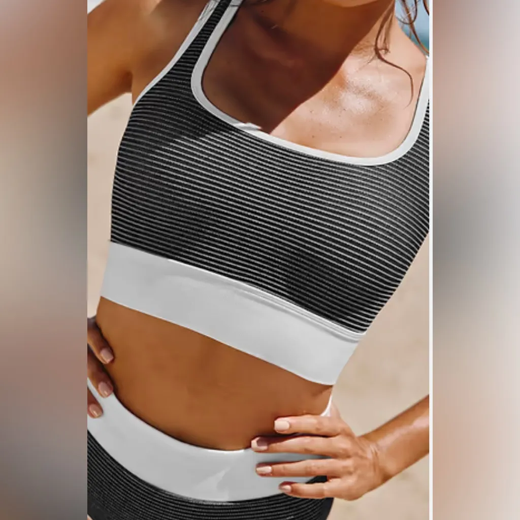 Cupshe Black & White Seamless Ribbed High Waist Sporty Bikini Set Size L - Image 4