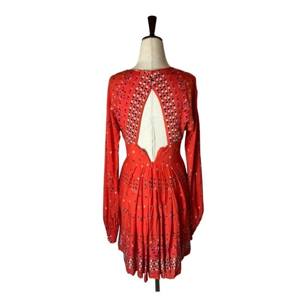 Free People‎ Red Coryn Coral Polka Dot Long Sleeve Fit And Flare Dress Size 0 - Image 4