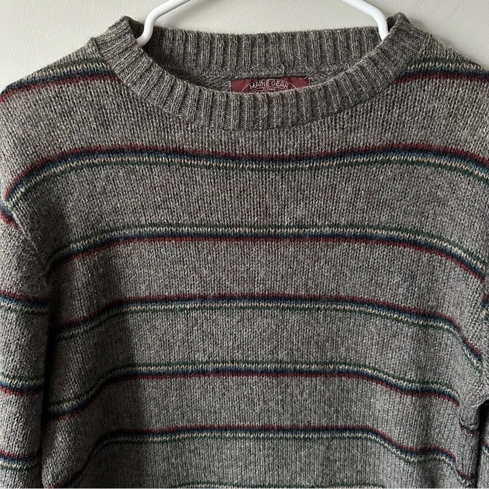 Maine Gear Vintage Sweater Crewneck Pullover USA Size S Fisherman Striped Wool? Gray - Image 2