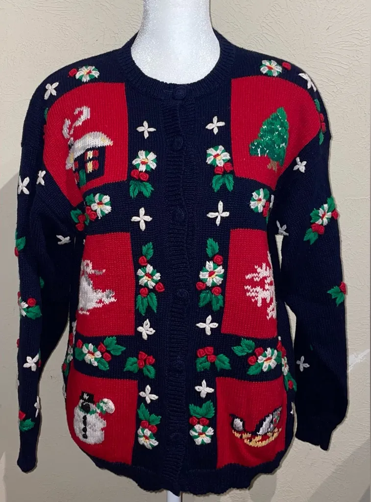 The Eagle's Eye Vintage 1992 Women’s Size S Holly Navy/Red Christmas Sweater Blue - Image 1