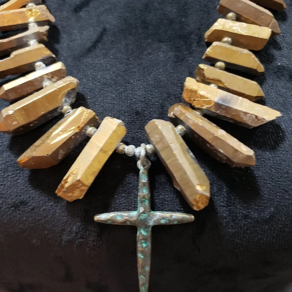 Womens Quartz Stick and Spinel Beaded Gold Tone Charm Turquoise Cross Necklace - Image 4