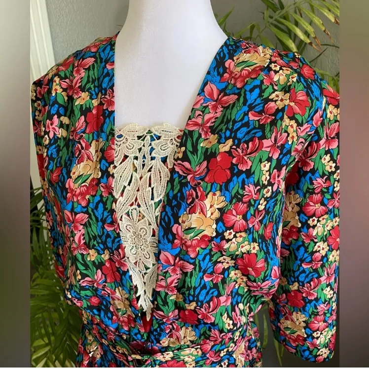 Vintage Breli Original silky floral pencil skirt midi dress shoulder pads lace 8 Multiple - Image 4