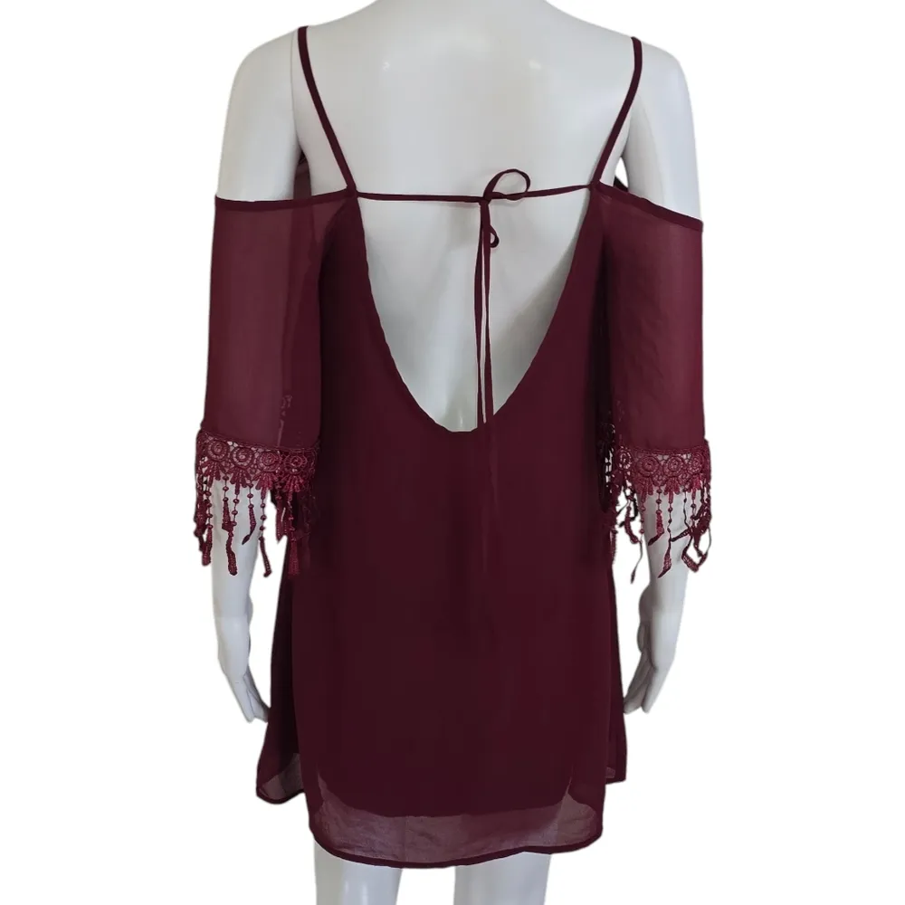 Tobi Burgundy Chiffon Cold Fringe Detail Shoulder Tunic Mini Dress Size Small - Image 5