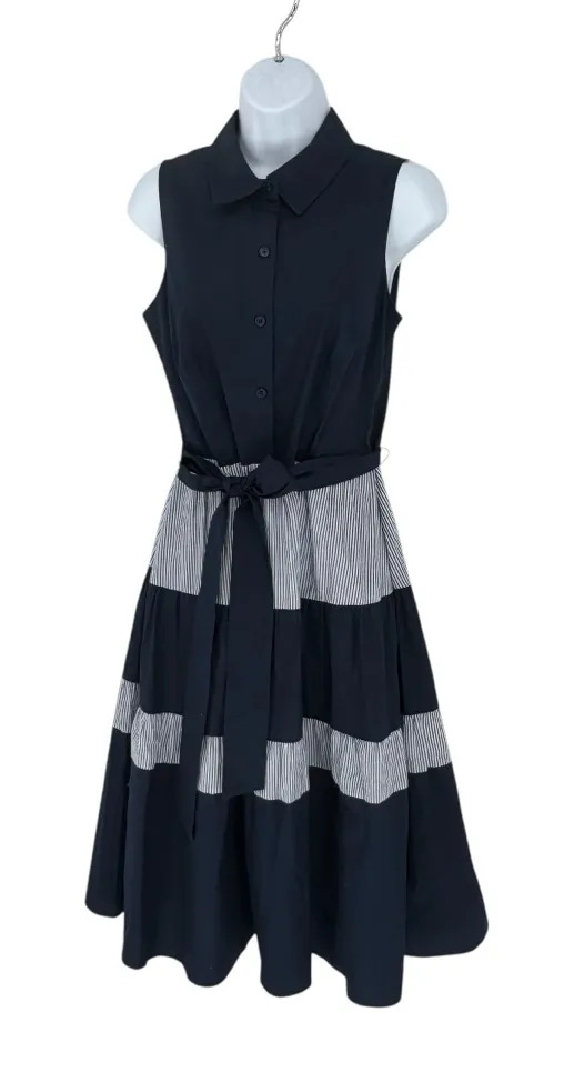 Jessica Howard Navy Stripe Sleeveless Collared Belted Office Midi Dress Size 6 - Image 1