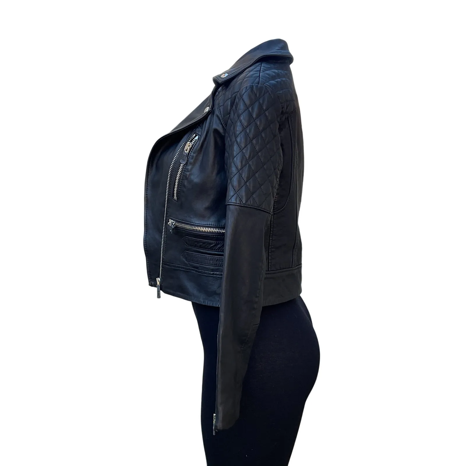 AllSaints Black Leather Moto Biker Jacket NWT Quilted Cropped Women US 2 - Image 4