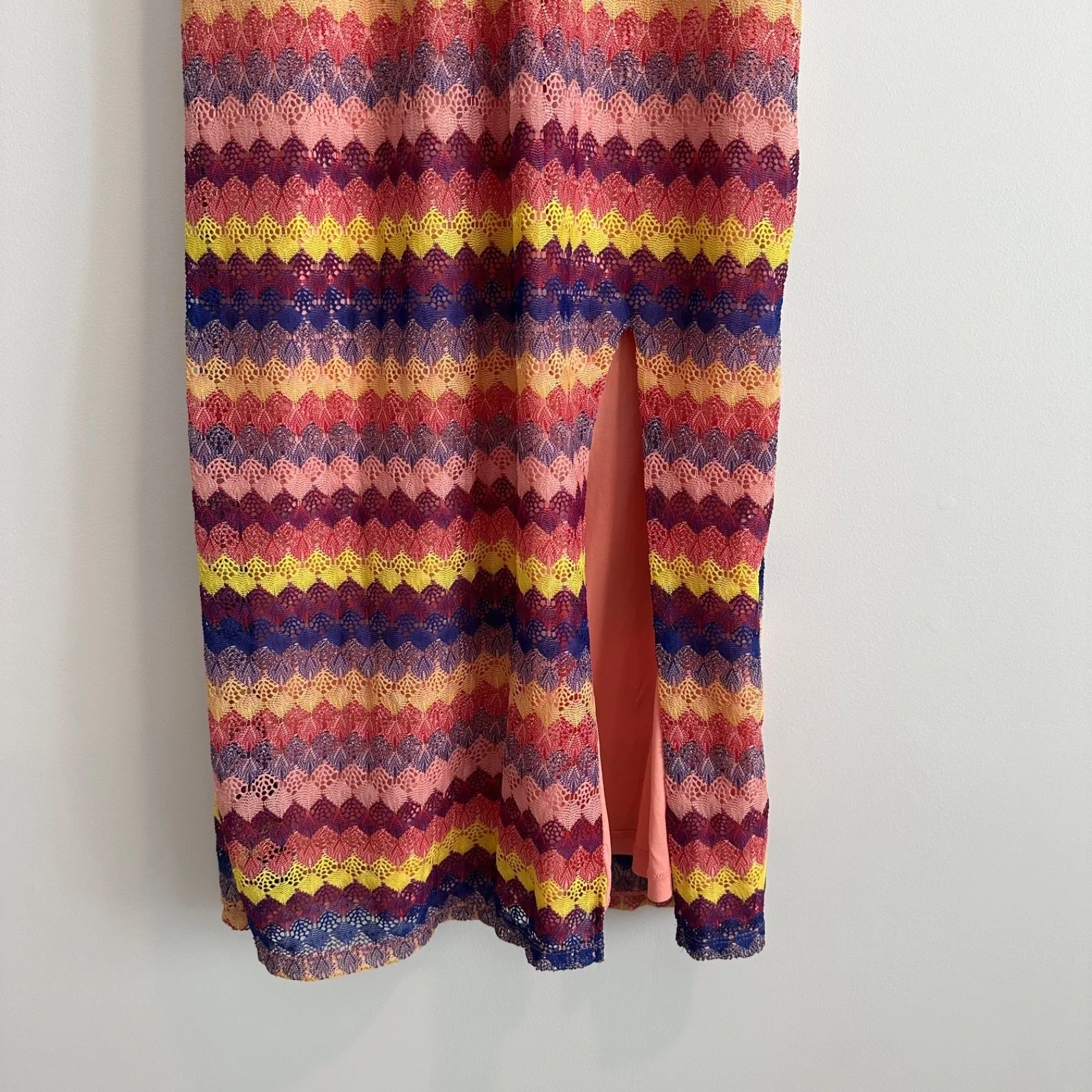 Wild Fable Crochet Halter Stripe Dress Women's Large Lace Up Back Pink Yellow - Image 7