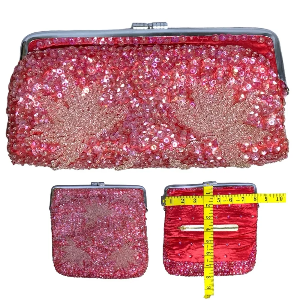 Vintage Beaded Clutch Evening Bag 1960 Sequins Folding Kiss Clasp Strawberry Red Pink - Image 2