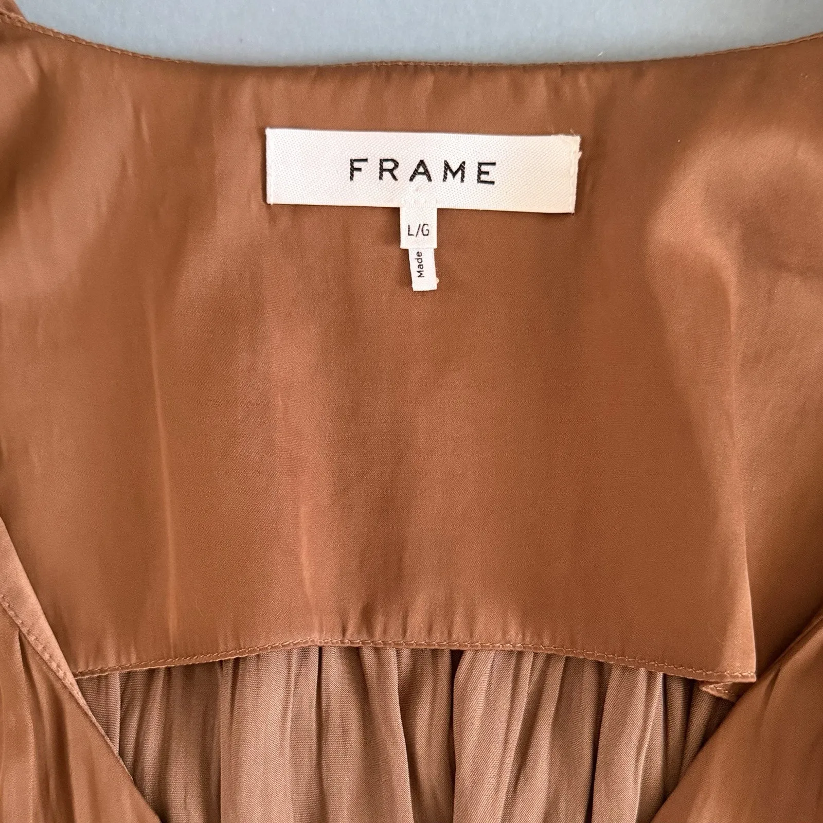 Frame Pleat Satin Bronze Blouse V-Neck Long Sleeve Smocked Top - Image 6