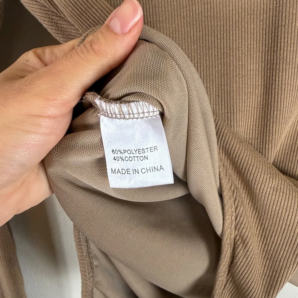 White Fox Ribbed High Neck Long Sleeve Bodysuit in Tan Size‎ Medium - Image 7