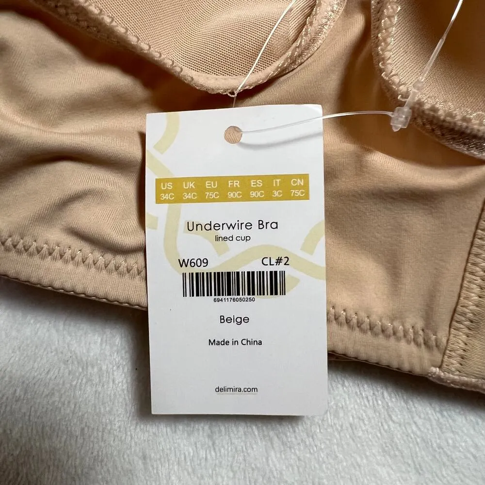 Delimira Lined Underwire Bra Size 34C NEW Neutral Minimalist Intimates Stretch Tan - Image 7