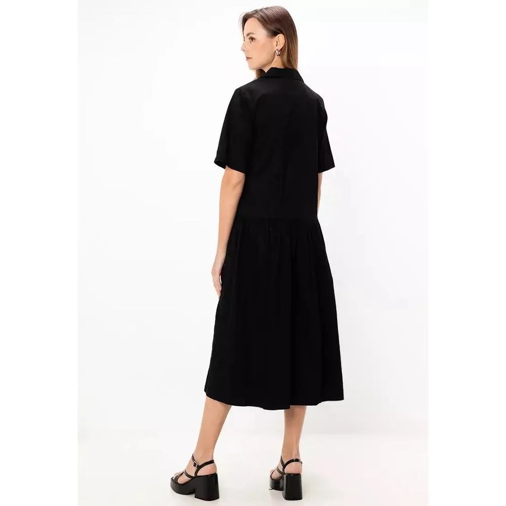Asos Black Twill Collared Button Short Sleeve Midi A-Line Shirt Dress Size 6 - Image 2