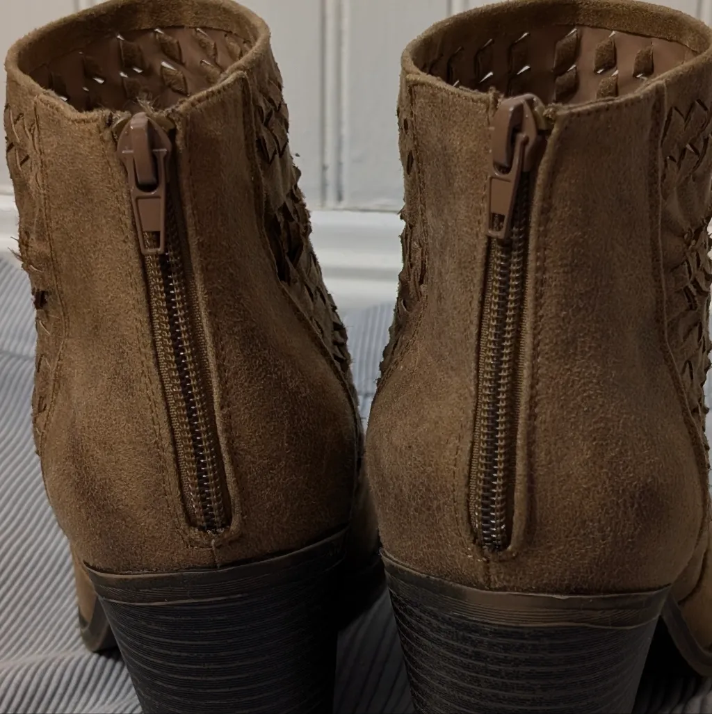 Fergalicious Brown Braided Suede Ankle Boots | Western Boho Heels | Size 8.5 - Image 10