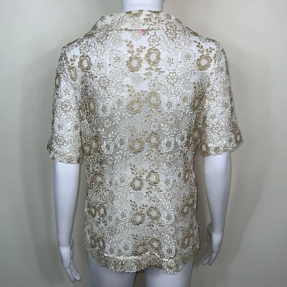 Manoush Vintage White & Gold Floral Lace Short Sleeve Jacket Size 8 - Image 5