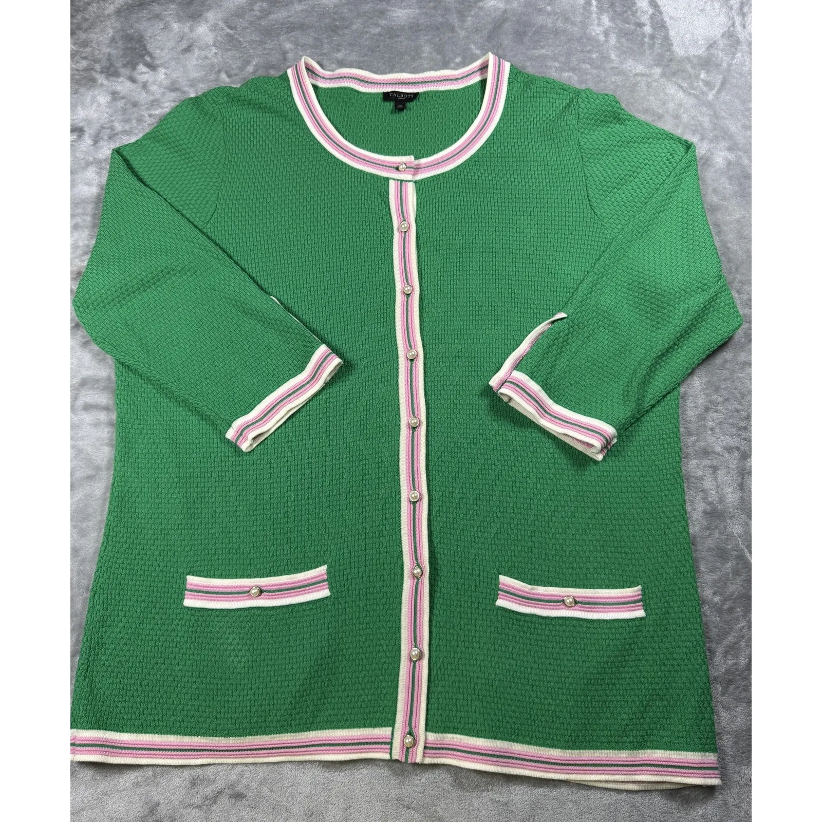 Talbots Cardigan Sweater Womens 1X‎ Green Pink Stripe Trim Pearl Button Pockets - Image 2