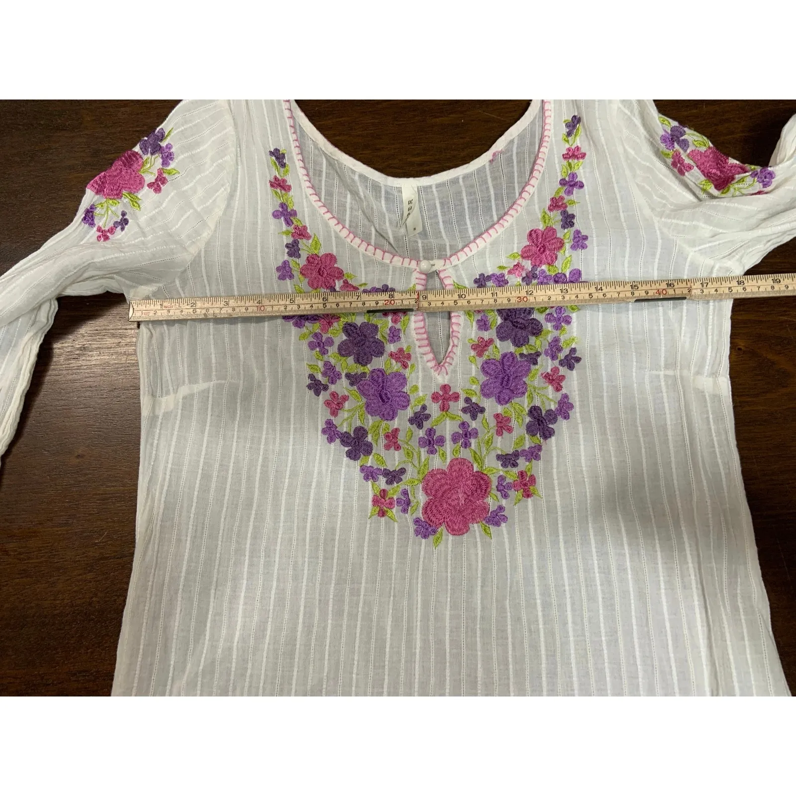 Roper Western Boho Embroidered Floral Blouse Women Small Sheer Cotton Festival White - Image 5