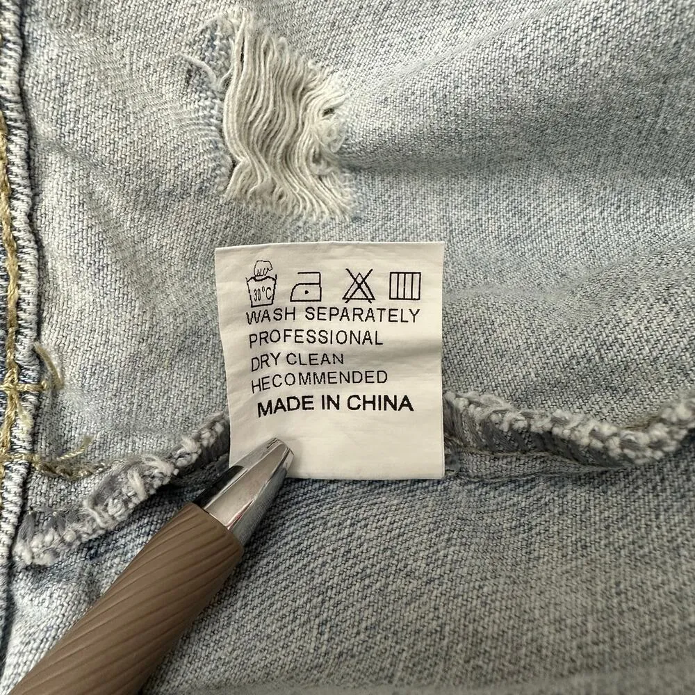 LA BIZ Sz Medium Sparkly Rhinestone Fringe Light Wash Distress Denim Crop Jacket - Image 7