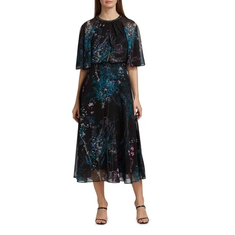 Teri Jon Rickie Freeman Chiffon Capelet Black Floral Cocktail Midi Dress 8 - Image 2