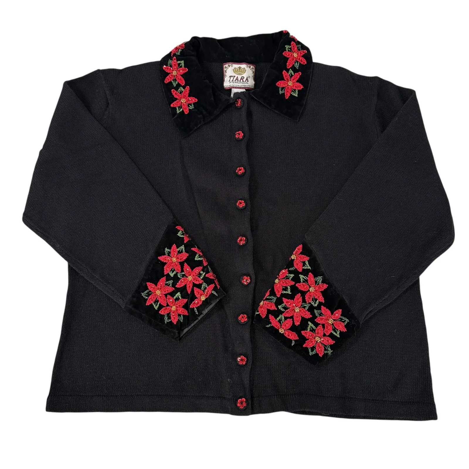 VTG TIARA INTERNATIONAL Black Poinsettia Embroidered Xmas Sweater Cardigan XL - Image 1
