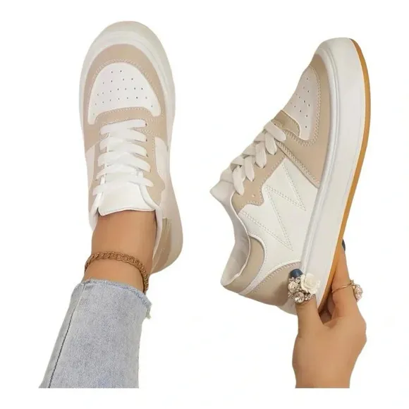 Tan White Contrast Color Skater Sneakers Casual Lace - Image 3