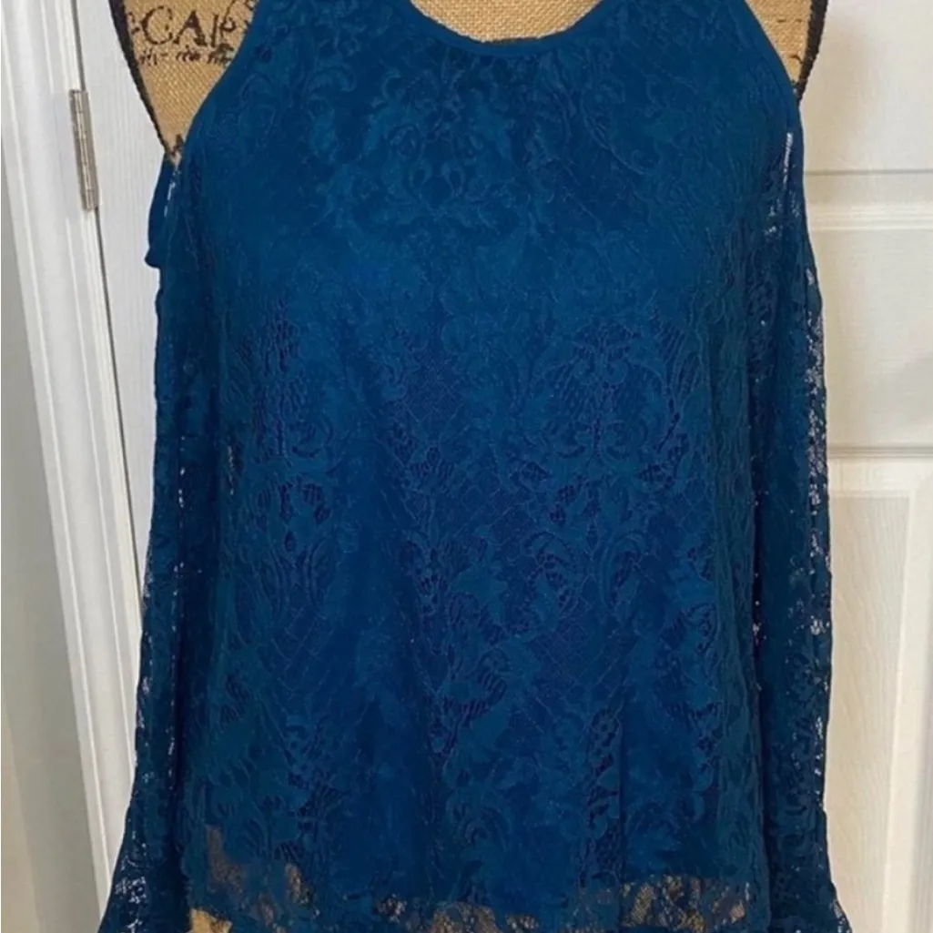 Retired Rare Y2K Hollister Teal Lace Cold Shoulder Blouse Bell Sleeves Small NEW - Image 2