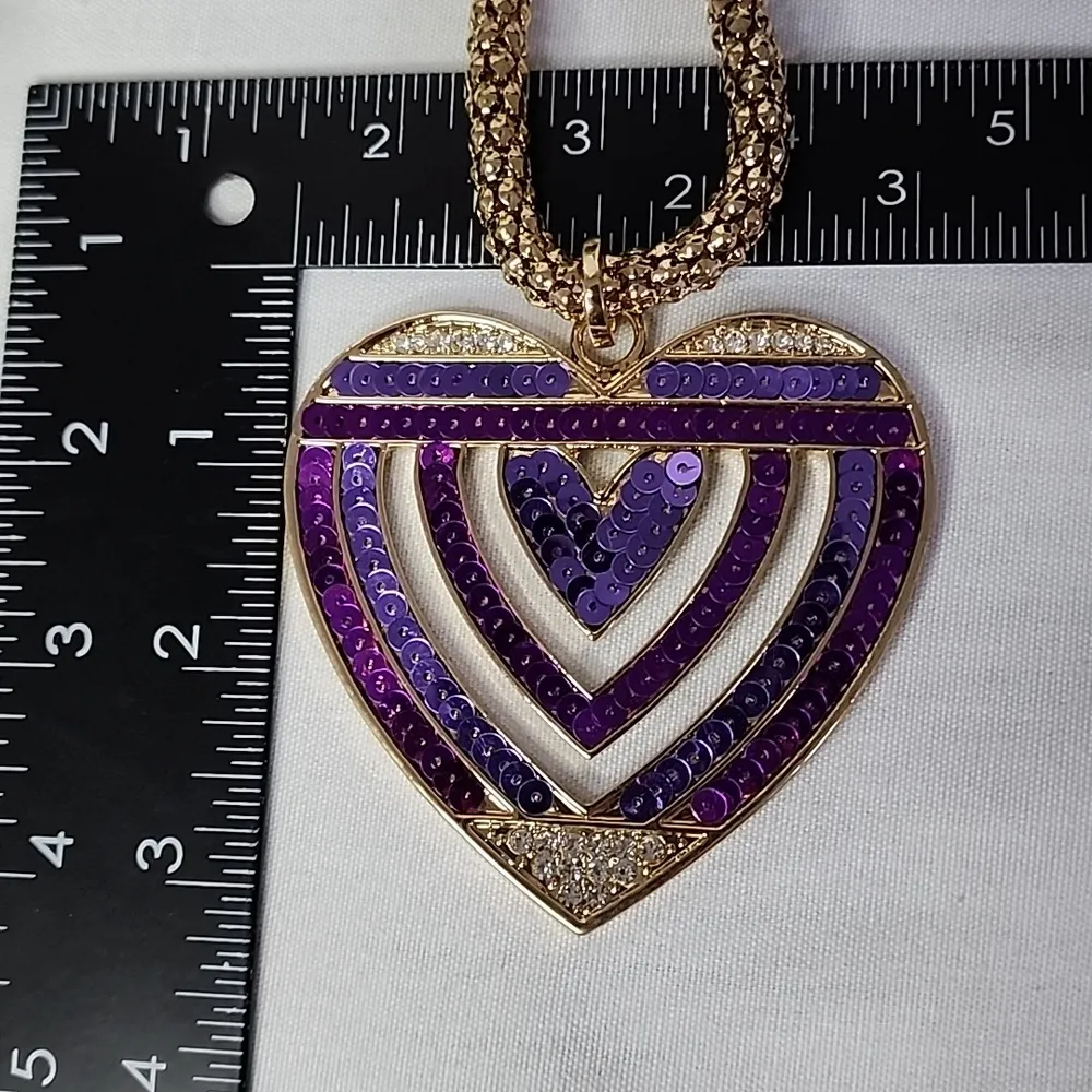 Gold Chain Necklace Large Purple Sequin Heart Pendant Earrings Set New - Image 8
