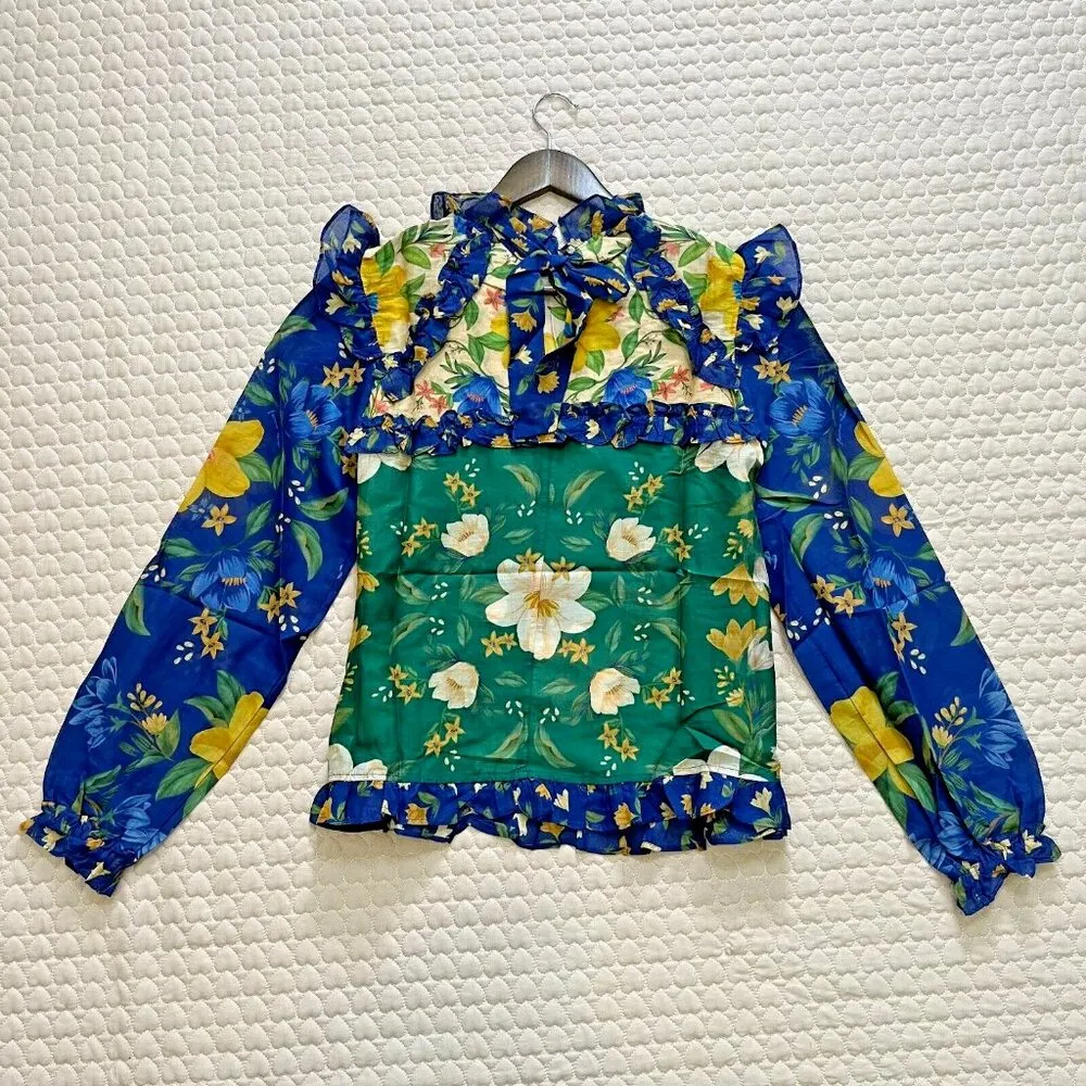NWT Anthropologie Farm Rio Long-Sleeve High-Neck Sheer Ruffled Floral Blouse L - Image 11