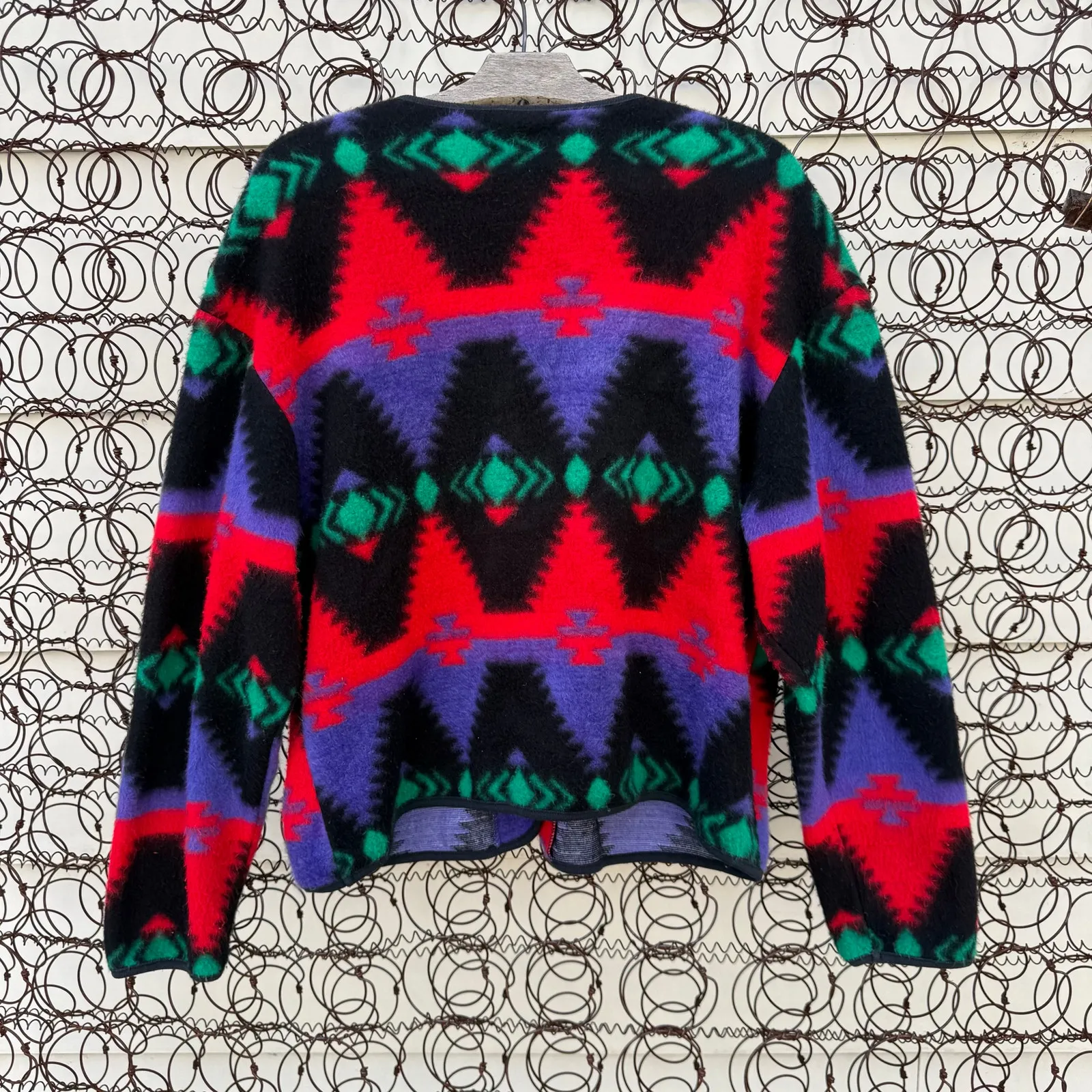 VTG 90s David Wayne Aztec Southwestern Fleece Jacket Black Vibrant Red Purple M? Size M - Image 4