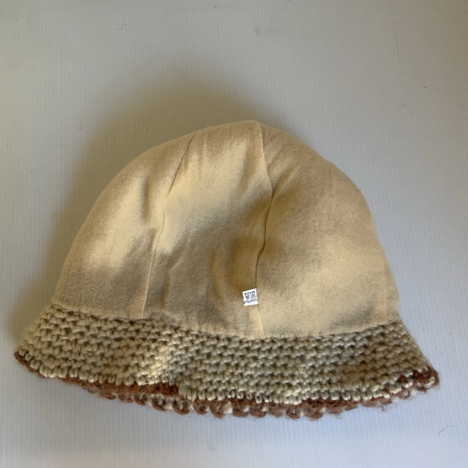 Vintage Bucket Hat Sherpa Crochet Cloche Cream Brown with Faux Fur Flower Accent - Image 10