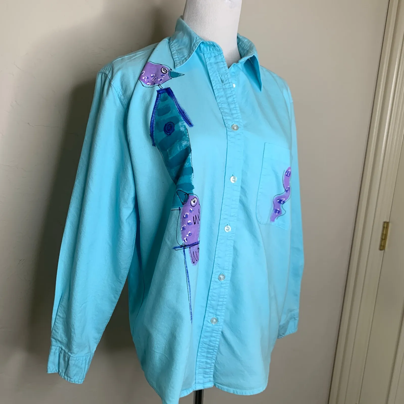 SeaSalt Aqua Button Up Shirt Sz Small Handpainted Blue - Image 7
