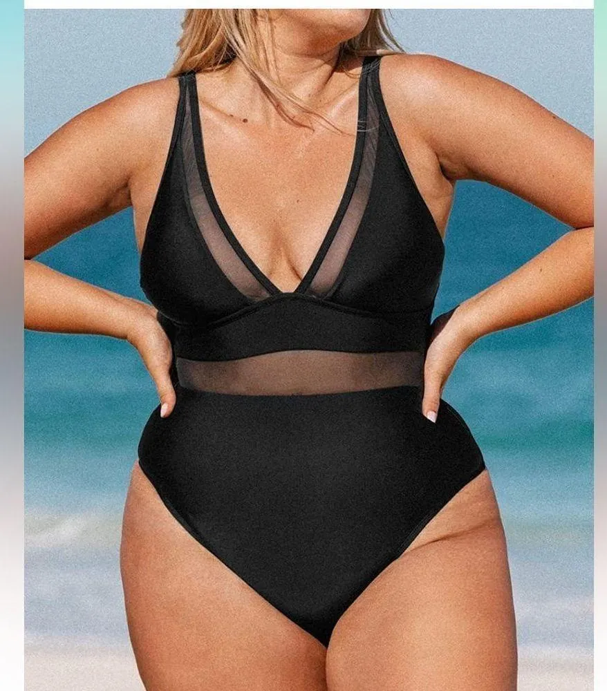NEW Plus Size 1 Pc Swimsuit Mesh Tummy Control Adj Wide Straps L - Image 2