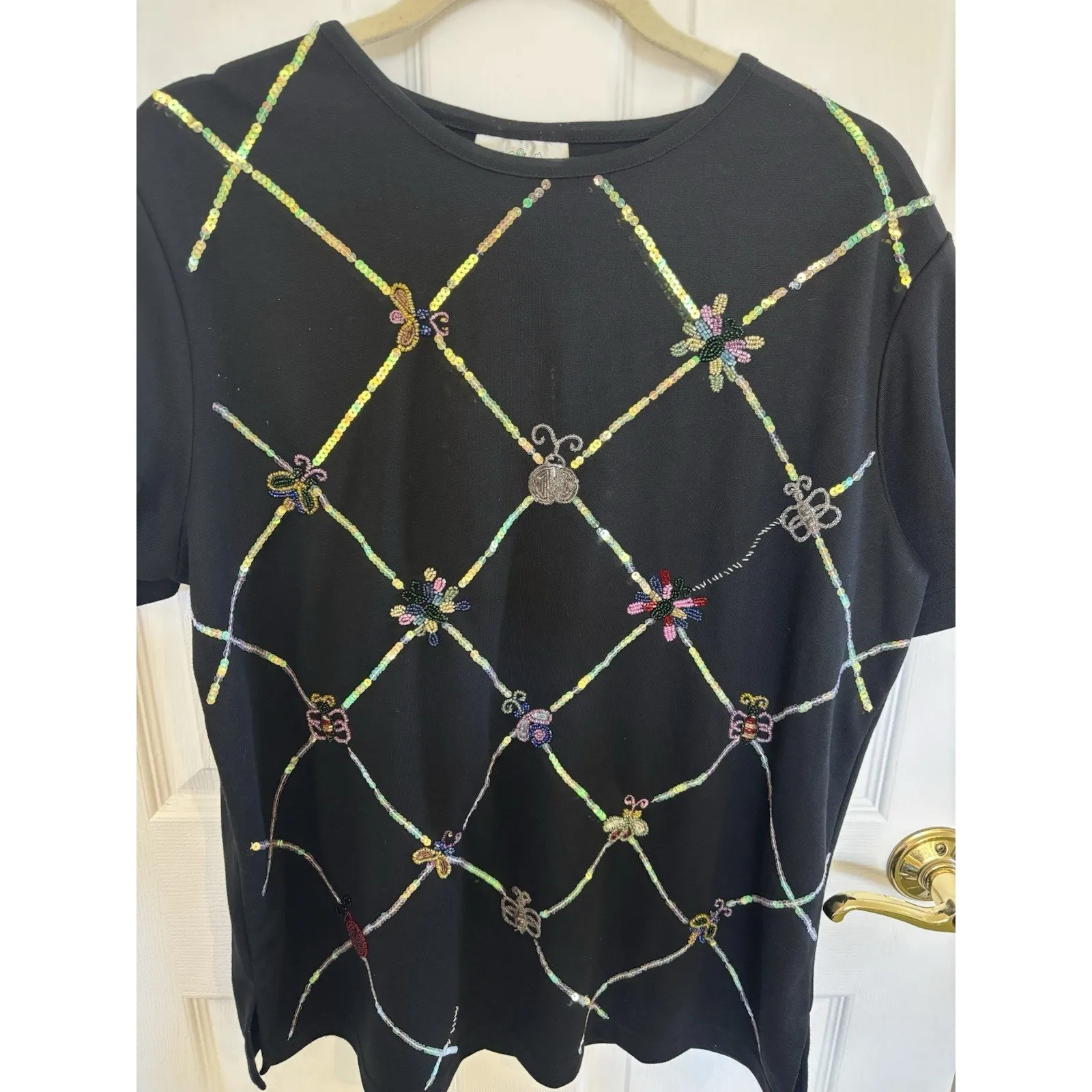 Vtg 90s Quacker Factory Beaded Insect Bugs Black Top Size Large Sequins - Image 4