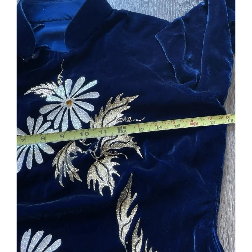 Vintage Cheongsam Long Dress Sz S Blue Velvet Asian Mandarin White Daisy Sparkle - Image 5