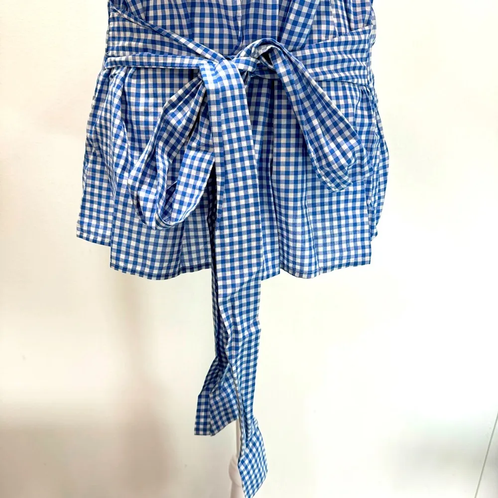 Blue & White Gingham Crossover Front Sleeveless Tie Back Top M - Image 7